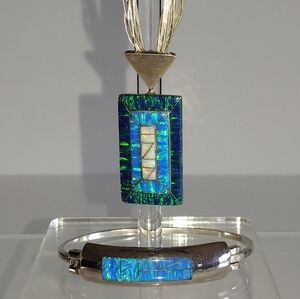 Vintage Zuni Reynetsa Leland Lab Opal Sterling Silver Pendant Necklace B…